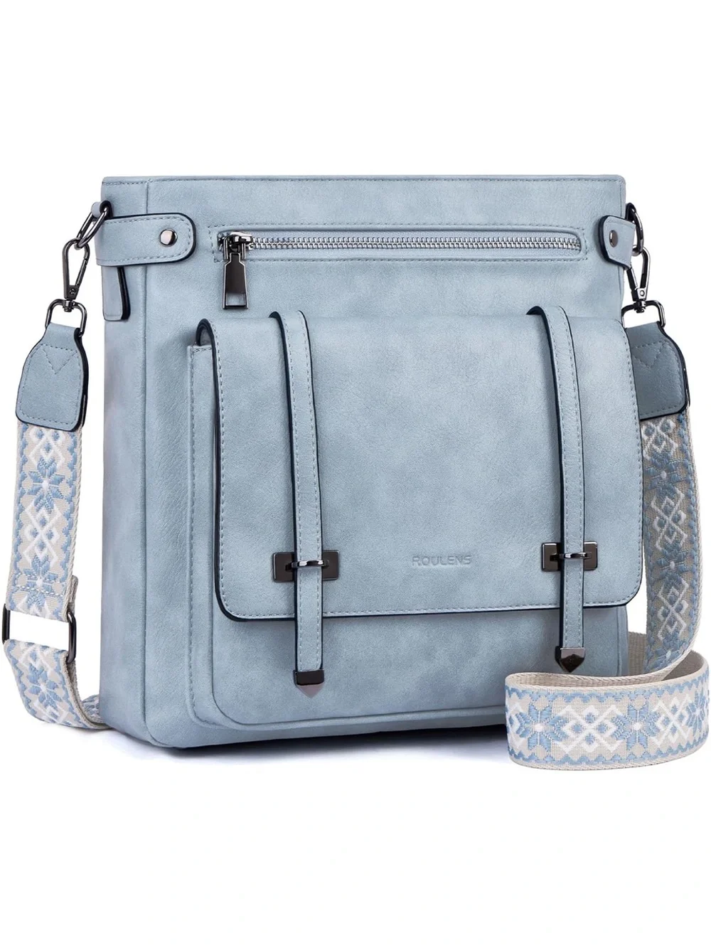 Light Blue Crossbody Bag with Patterned Strap